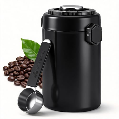 Fentar Kaffeedose Luftdicht mit Messlöffel, 600ML Edelstahl Vakuum Kaffeedose Behälter mit Feuchtigkeitsmonitor & Datums-Tracker, Kaffee Dose für Gemahlenen Kaffee (Schwarz)