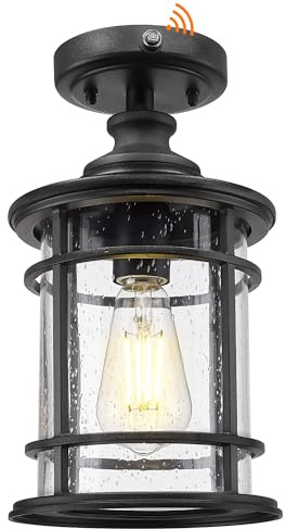 Emliviar Ceiling Light Semi Flush Mount with Photocell Sensor in Black Finish, 12.4 Close to Ceiling Lighting with Seeded Glass Shade for Hallway, XE229F PC BK