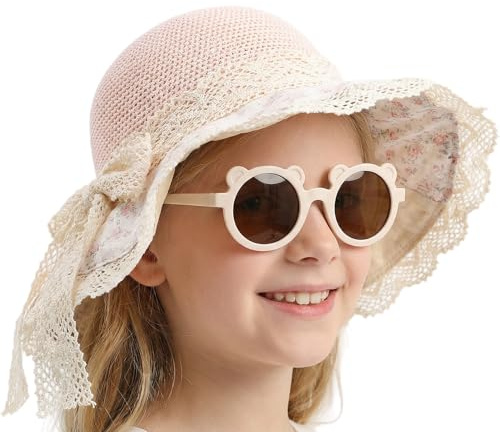 SIQITECH Capeline de Paille Été Fille Chapeau Bob avec Nœud et Lunettes