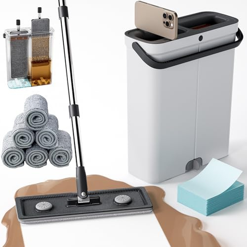 CTIME Compact Flat Mop and Bucket Set with Wring Function 6 Microfiber Pads | Hands-Free Squeeze Wash; Space-Saving Vertical Storage; Wet & Dry Use; 360° Swivel Head; Ideal for Wood, Tile, Vinyl