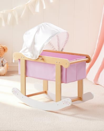 ROBOTIME trädockvagga för 45 cm dockor, rosa | Med avtagbar himmel, mjuk tygvagga och gungbas, dockmöbler för rollspel från 3+, för dockor upp till ca. 45 cm