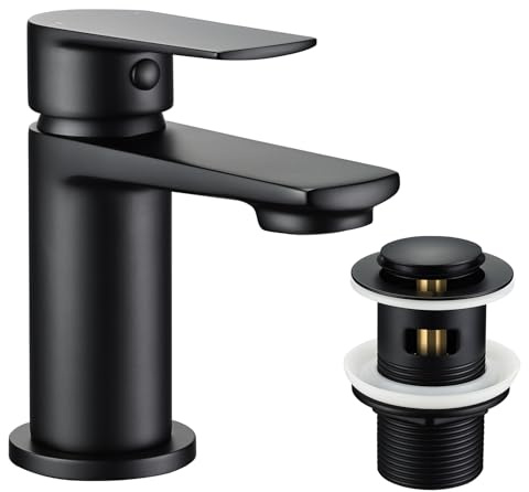 Hapilife Bathroom Mixer Tap with Pop Up Waste - Single Lever Matte Black Bathroom Sink Tap, Monobloc Stainless Steel Wash Basin Tap with Drain