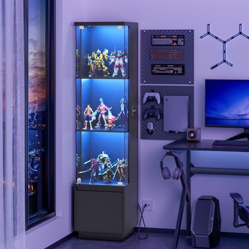 2 in 1 Glasvitrine Standvitrine mit Dreifarbig LED Beleuchtung, 4 Lagen 2 Türen 1 Stauschränken, Staubdicht Wohnzimmer Bar mit Körpersensor-System, Schrank für Sammler, Bücher Wein (40*38*165cm)