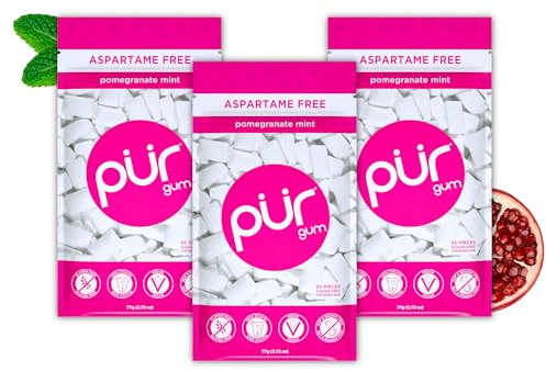 PUR Gum chicle sin azúcar con xilitol, vegano, sin aspartamo y sin gluten, sabor pomegranate mint, 55 piezas (paquete de 3) | Goma de mascar sin edulcorantes artificiales, vegana, sin azúcar, sin gluten, sin soja, sin nueces ni maní, hecha en Suiza