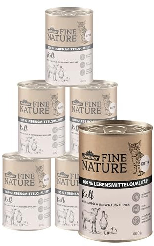 Dehner Fine Nature Katzenfutter Kitten, Nassfutter getreidefrei, für junge Katzen, Kalb, 6 x 400 g Dose (2.4 kg)