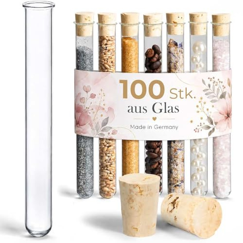 Tuuters 100x Glas Reagenzgläser mit Korken und Bördelrand (100 x Ø 16mm) | Reagenzglas mit Rand, Klarglas Reagenzgläschen, Made in Germany, Glasröhrchen für Blumen Deko Gewürze Gastgeschenke Hochzeit