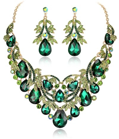 Clearine Schmuckset Party Braut Böhmisch Tropfen Kristall Blatt Aushöhlen Statement Halskette Dangle Ohrringe Set für Damen