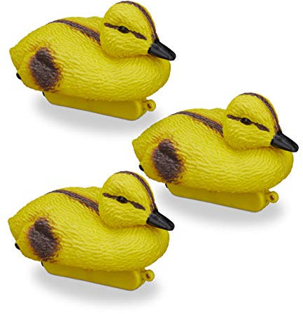 Relaxdays Teichenten, Entenküken, schwimmende Baby-Enten, Kunststoff, wetterfest, Dekofigur, Teich, Garten, gelb-schwarz, 3er Pack