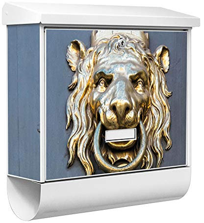 banjado® Burgwächter Briefkasten Weiß 38x39x12cm mit Motiv Türklopfer Löwe/Briefkasten mit Zeitungsfach/Briefkasten mit Zeitungsrolle/Postkasten inkl. Montagematerial & 2 Schlüsseln