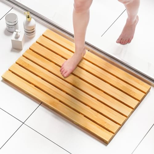 Domax Wooden Bamboo Bath Shower Mat- Non-Slip Waterproof Large Bathroom Floor Mat for Indoor Outdoor (Natural, 31.3 x 18.1 x 1.5 Inches)
