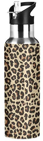 JUMBEAR Braune Leopard Print Wasserflasche Flasche Acuum Isolierte Edelstahl Auslaufsicher Weithals mit Strohhalm Deckel für Fitness Gym und Outdoor-Sport 625 ml