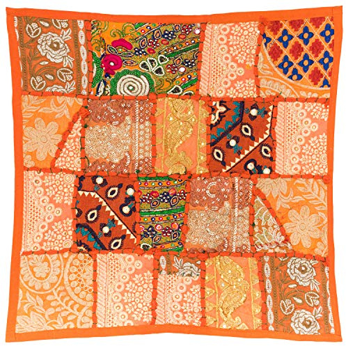 ETHNICITI Orange 16x16in 40x40cm Embroidered Khambadiya Sari Patchwork Cushion Cover, Indian Ethnic Pillow Covers, Handmade Patchwork Cushion Pillow, Sari Patch Throw Pillow (Orange)