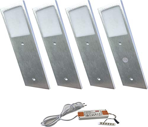ACCE Super dünn und Aluminium LED Unterbauleuchte Küchen Möbel Leuchte Warmweiß inkl Konverter, ein Strahler mit Zentralschalter (silber warmweiß, 4er Set)