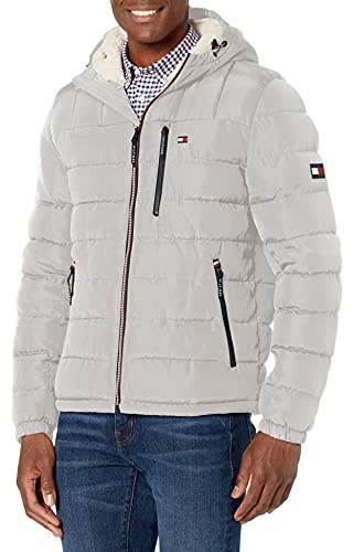 Tommy Hilfiger Men's Midweight Sherpa Lined Hooded Water Resistant Puffer Jacket, Ice Tech, M