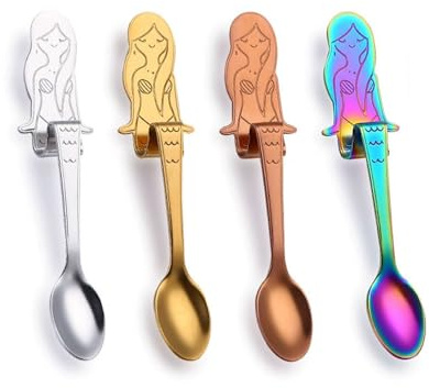LATRAT Juego de 4 cucharas de café de sirena de acero inoxidable, cucharas de postre, cucharas de huevo, mini cucharas de té de metal