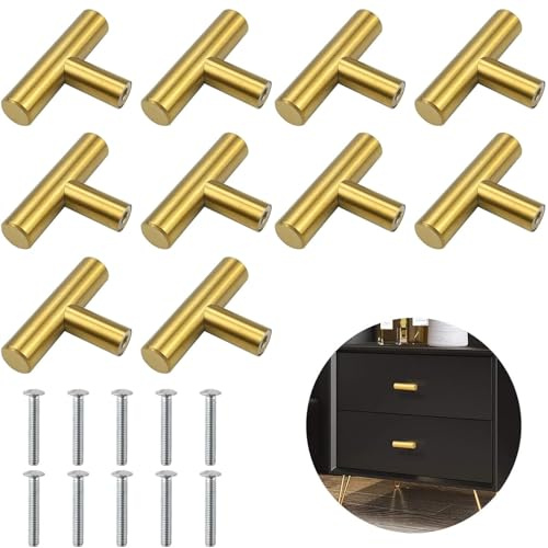 SUpoetry 10 Stück T Möbelknöpfe Gold Stangengriffe, Möbelknöpfe Gold, Einzelloch Schubladegriff, Badzimmer Griff, für Schubladen, Schränke, Schuhschränke, Schränke, Nachttische usw 5cm (Golden)