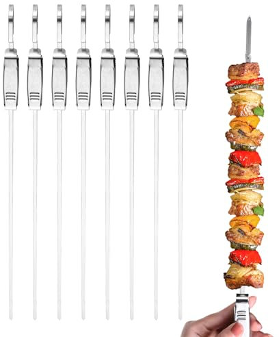Skewers for Grilling - 17 (8 PCS) Metal Stainless Steel Skewers for BBQ with Push Slider, BBQ Skewers, Metal Kebab Skewers Dishwasher Safe