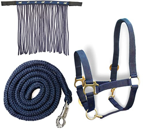Licol pour chevaux avec longe et franges à mouches - Licol avec tricot - Licol poney Shetty Cob Full Kb (sang chaud (Full), bleu foncé)