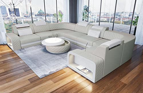 Sofa Wohnlandschaft Foggia in u Form mit USB Port LED-Beleuchtung Ledersofa mit Kopfstützen (Lange Seite Links, Beige-Weiß)