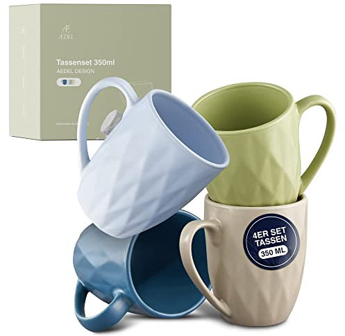 AE AEDEL® Design - 4 Kaffee Tassen [4x350ml] | 4 Keramik Becher in 4 Farben - ideal für die eigene Küche | Kaffeetassen Set modern & einzigartig | Handgefertigt Teetassen Set - Tasse groß