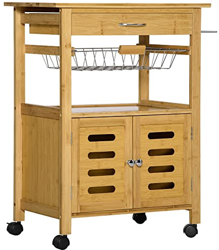 HOMCOM Carrello da Cucina con Cassetto, Armadietto e Cestino Estraibile, Carrellino in Legno con Ruote Girevoli in Legno, 66x36x79cm
