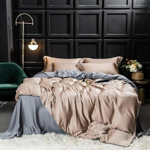 VIRUL Ensemble de literie en Soie Bleu foncé Ensemble de Housse de Couette en Soie Drap Plat Linge de lit Taie d'oreiller