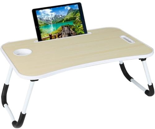 BAKAJI Tavolino da Letto, Vassoio per Colazione Divano, Tavolo Porta Tablet, Notebook, PC, Struttura in Metallo Pieghevole, Leggio Piano in Legno, Dimensioni 60 x 40 x 26 cm Frassinato (Bianco)