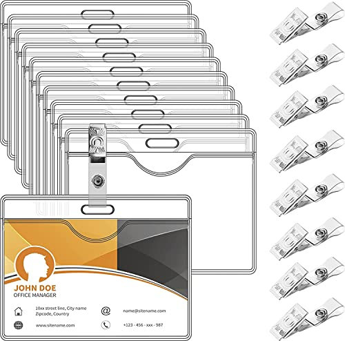 HIMOMO 50 Stück Ausweishülle mit Clip, Transparente Wasserdicht Kartenhüllen Horizontal Name Tag Badge ID Card Holders mit 50 Pcs Metall Badge Clips für Ausweis ID Karte Namensschilder