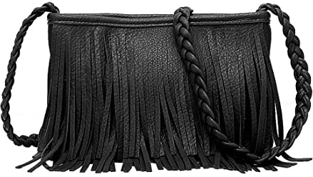 Sibalasi Stylish Fringe Crossbody Bag Bohemian Sling Bag Brown Lightweight Purse Hippie Small Shoulder bagTassel Leather (Black)