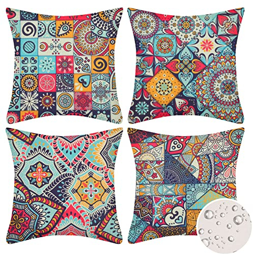 Velvhom Outdoor Waterproof Cushion Covers 50 x 50cm Modern Ethnic Pillowcase Mandala Floral 4 Pack Throw Pillow Cover Abstract Art Hippy Cushion for Garden Patio Bench Sofa Livingroom 20x20 inch