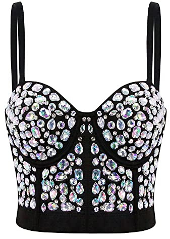 Naimo Damen Sexy Strass Bustier Push Up Crop Top Korsett BH Glitzer Kristall Tank Top Cami Weste Party Clubwear
