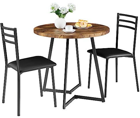 VECELO Small Round Kitchen Table with 2 Upholstered Chairs, 3-Piece Wood Dinette Sets with Steel Frame for Breakfast Nook, Dining Room, and Small Space, Brown