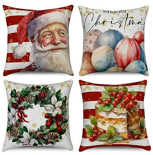 ASDCXZ Weihnachten Kissenbezug 40x40 cm 4er Set, Rot Gold Weiß Weihnachtsmann Kranz Sofa Dekokissen Kissenbezüge Kissenhülle Waschbar Polyester Leinen Textil Polster Kopfkissenbezug Kissen Bezug
