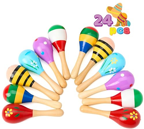 JOYIN 24 PCS Cinco De Mayo Mini Wooden Maracas for Kids, Fiesta Party Favors and Baby Maracas with Wooden Rattle Colorful Noisemakers for Cinco De Mayo Party