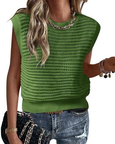 Knit Tops for Women Summer Crop Sweater Vest Preppy Style Sleeveless Crew Neck Knitwear Tank Top Green L