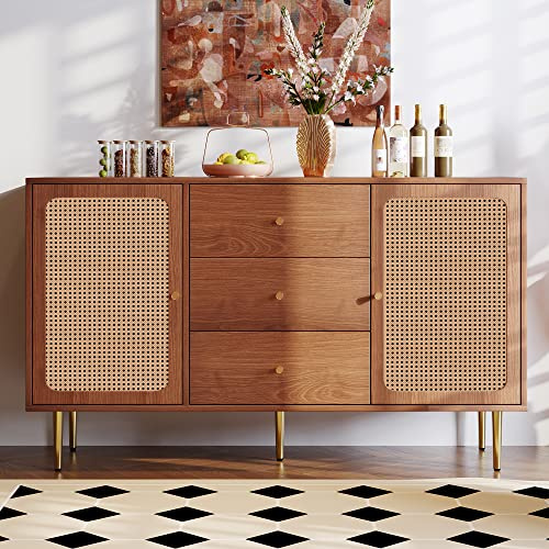 LERFAN Schubladenkommode Kommode Rattan Sideboard mit 3 Schubladen, 2 Türen und Goldfarbenen Metallgriffe und Beine für Schlafzimmer & Alle Wohnräume, H90/B150/T40 cm Nussbaum Farbe