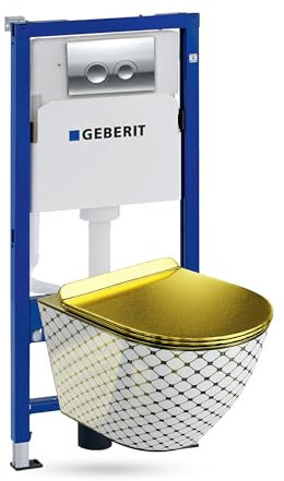 Lavita Duofix Basic Vorwandelement + Wand Tiefspül WC Sofi Slim Checked Gold Spülrandlos + WC Sitz + Bedienplatte Delta 25 Verchromt Knopf Komplettset Unterputz Spülkasten Toilette Komplett Sett WC