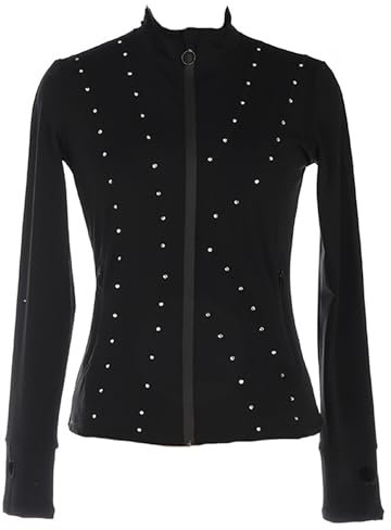 Youthful flying Mädchen Damen Eiskunstlauf Jacke Kristall Eislaufen Figure Tops Sportjacke mit Daumenloch(Size:3XL,Color:Schwarz-Dick)