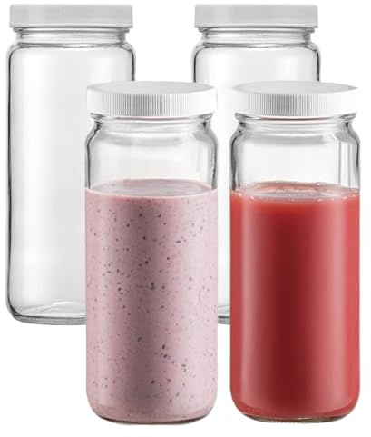 MEETOZ 4 Pack Juicing Glass Bottles Set - 16 oz Jars,with Lids for Juice, Smoothies, Water, Milks, Beverage Storage - Large Jug, Clear, Durable, Reusable, Dishwasher Safe, Leak Proof