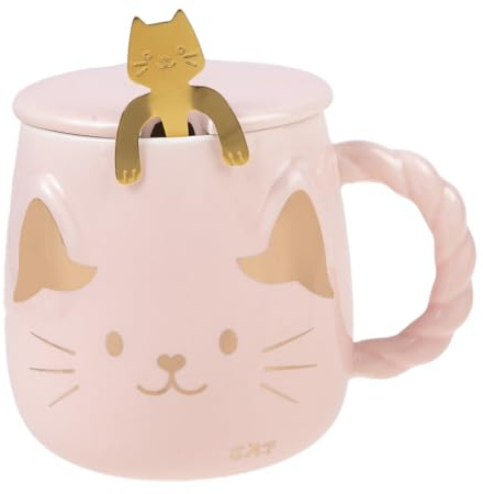 lachineuse – Porzellantasse mit japanischer Katze – mit Deckel und Löffel – 425 ml – Frühstück & Pause – Kaffee, Tee, heiße Schokolade – Geschenkidee Asien, China, Japan – Farbe Rosa und Gold