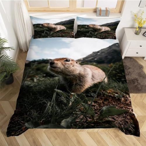 Tizhweqo Beaver Duvet Cover Double Animal Bedding Double Bed Set Soft Microfibre 3D Printed Beaver Quilt Cover with 2 Pillowcases with Zipped Closure C6771