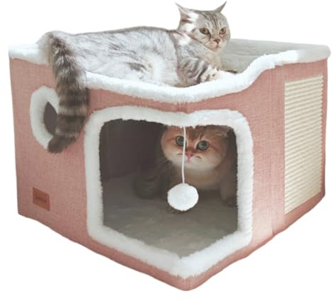 Spindro Grand lit pour Chat d'intérieur, Niche Pliable pour Chat, Maison Cube avec Tapis à griffer, Lit Moderne pour Chien avec Coussin Doux Lavable, 43x43x33cm,Rose