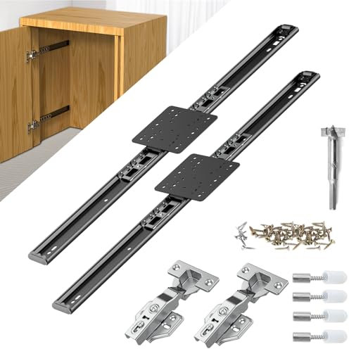 Pisman Pocket Door Slides 18 inch 2 PCS and Pocket Door Hardware for Inset and Cabinet Door, Disappearing and Hidden The Slides and The Hinges.