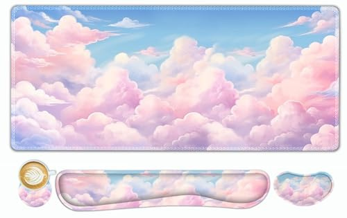 ToLuLu Large Mouse Pad Desk Pad, Wrist Rest Desk Mat for Keyboard and Mouse | 4PCS 35.4”x15.7 XXL Giant Mouse Pad Set, Non-Slip Base Stitched Edges Support Mousepad for Home Office, Dreamy Clouds