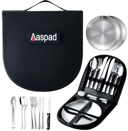 Aaspad Full Size Stainless Steel Dish & Utensil Set Portable Picnic Mess Kit RV Camping Flatware Plate & Silverware Cutlery Dinnerware Packed 2 Fork,Spoon,Serrated Knife,Food Clip Outdoor Gift for Men