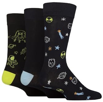 SockShop Lazy Panda Mens Socks - Fun & Novelty Patterned Soft Breathable Cooling Bamboo Material Gift Idea in a Multipack of 3 (UK, Numeric, 7, 11, Regular, Regular, Alien Space)