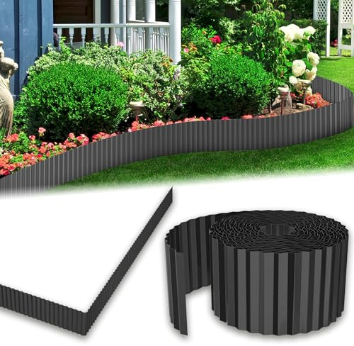 MAYTIIMO Verzinktes Metall Rasenkante, Wellenförmige Beetbegrenzung, 15cm Hoch, Flexibel Wurzelsperre und Mähkante, Einfach zu Montieren, Anpassbare Länge für Blumenbeet und Garten(10 M - Schwarz)