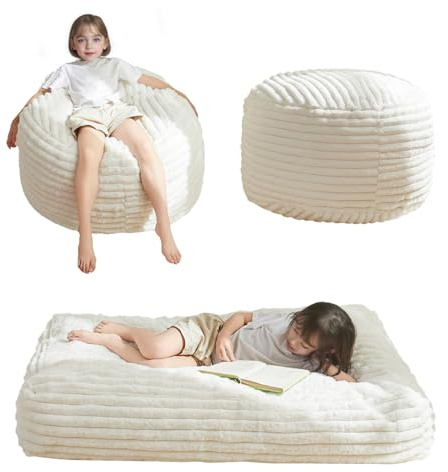 MAXYOYO Kids Bean Bag Chair Bed, Convertible Children Chair to Floor Mattress with Filler, Faux Fur Bean Bag Bed Stuffed Child Sofa Couch for Girl Boy Sleeping, Machine Washable Cover, Beige