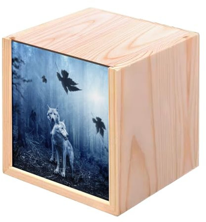 Fabulous Boite en Bois Coffret - Couple de Loup Foret Sombre Animaux Sauvages Nature (10 x 10 x 10 cm)