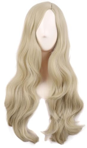 MapofBeauty 28 Pouces/70 cm Cosplay Longue Vague Bouclé Fibre Synthétique Side Bang Anime Fashion Party Perruque (Blond)